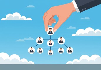 Hand placing a person in a business organizational chart against a blue sky with clouds