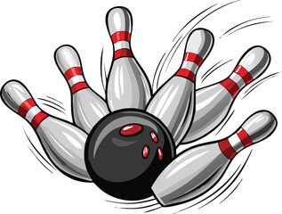 Dynamic illustration of a bowling ball knocking down pins in a strike action