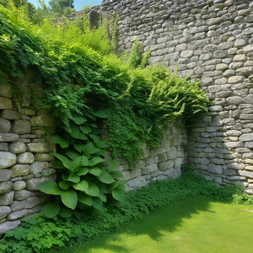 Fortress wall embrasure with weathered stones and plants, fortress wall, overgrowth