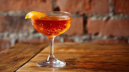 Cocktail in coupe glass with orange peel on wood texture and brick background Realistic bar drink concept