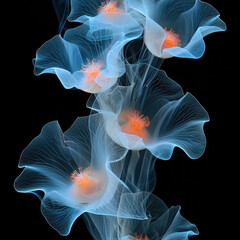 Fototapeta premium Ethereal blue flowers with vibrant orange centers suspended in dark background creating a mystical atmosphere