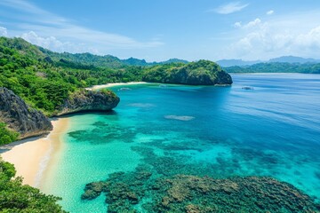 Fototapeta premium Beach with sandy shore and clear blue ocean under bright sunny sky