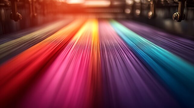 This overhead macro shot showcases a loom's vibrant threads stretched tightly as the shuttle moves, creating intricate patterns against a blurred background