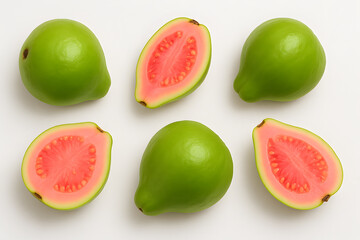 Fresh Pink Guava Slices and Whole Fruits on a White Surface