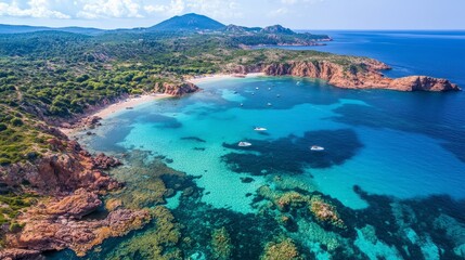 Fototapeta premium Boat anchored in clear blue waters with a serene ocean view and calm skies