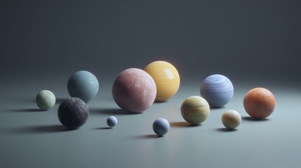 A collection of colorful spherical models representing planets in space.
