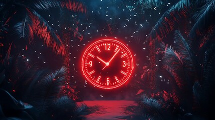 Neon clock in a tropical, glowing environment.