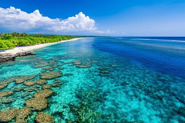 Obraz premium Beach at the end of the island featuring coral reefs and clear blue water