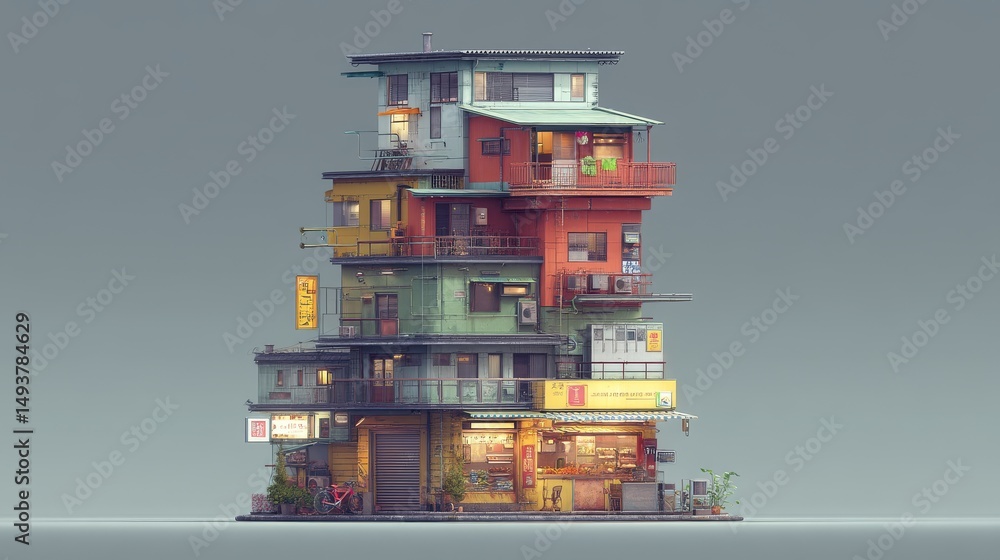 Poster a colorful and modern multi-story building with various architectural styles.