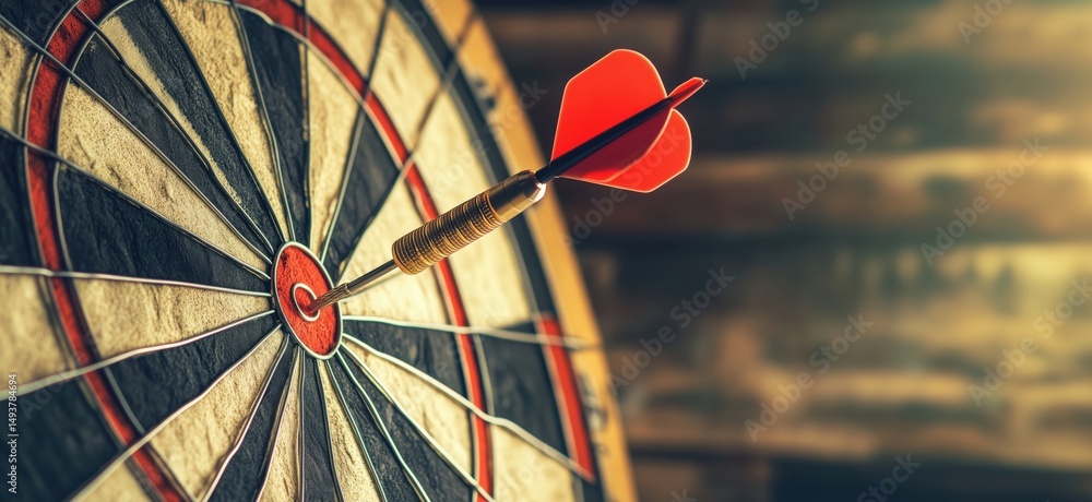Poster dartboard with red dart hitting bullseye in rustic setting