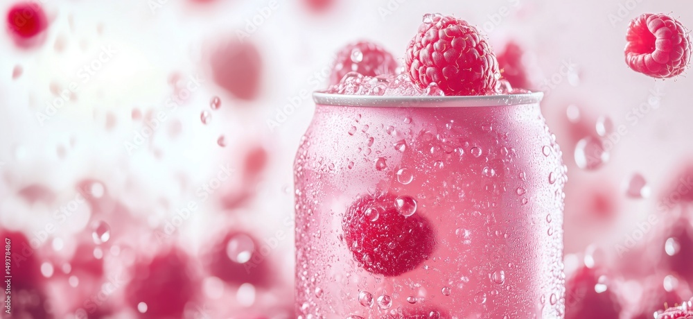 Poster refreshing raspberry soda with droplets and floating raspberries in vibrant pink background