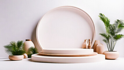 Minimalist Product Display with Round Platform and Plants