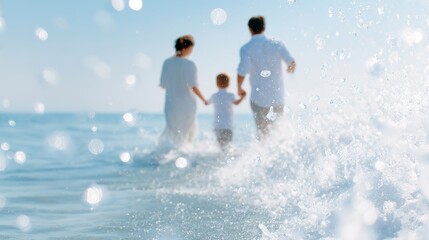 Obraz premium A joyful family walks hand in hand in the ocean waves. The sun shines brightly on their white outfits. This is a perfect summer scene capturing love and togetherness. AI