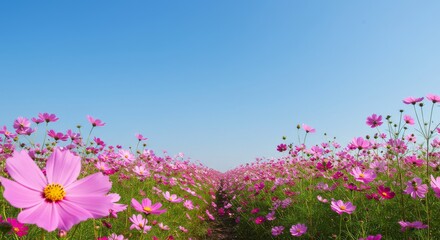 Obraz premium Pink Cosmos Flower Field Under Blue Sky - Vibrant pink cosmos flowers blooming in a vast field under a clear blue sky. Perfect for nature, floral, and serenity themes