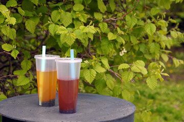 Two drinks in a plastic glass with a straw against the background of a green park