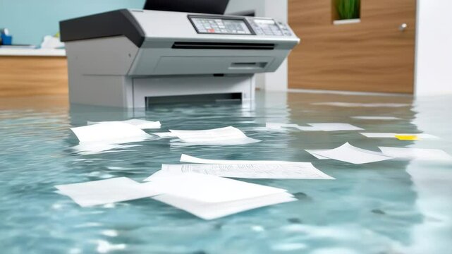 Modern office space flooded with water, causing printer malfunction and floating documents.