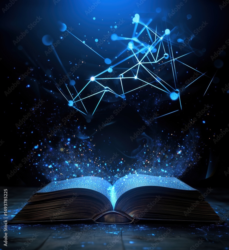Aufkleber magical open book with glowing particles and abstract connections in dark space