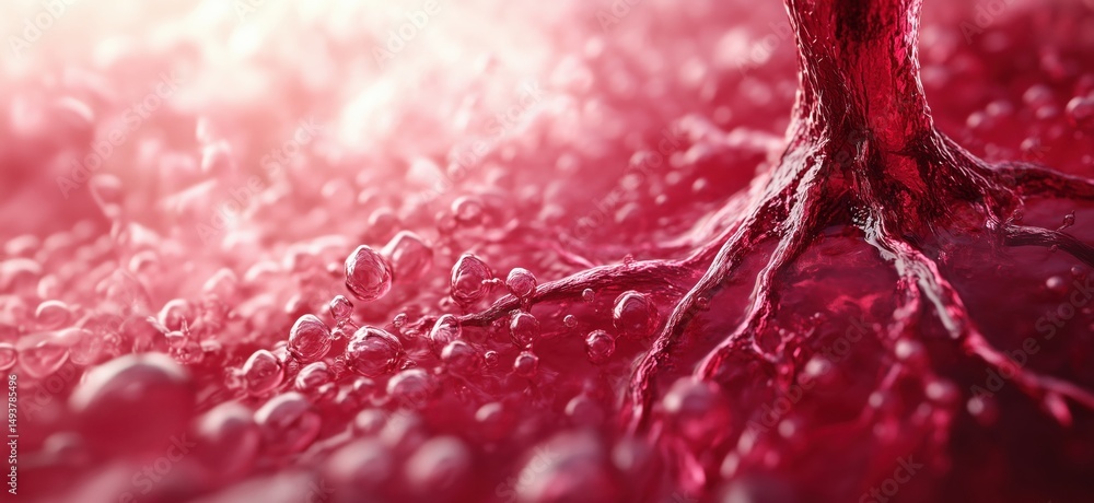 Poster red liquid with tree roots and bubbles creating an abstract organic composition