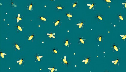 Whimsical illustration of fireflies glowing against a teal background, a summer night scene.