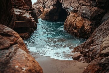 Obraz premium Rocky beach landscape featuring a small waterfall surrounded by coastal vegetation and rocks