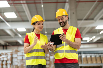 Warehouse workers share a moment of joy while checking data, illustrating teamwork and positive workplace culture.