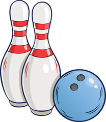 Cartoon illustration of two bowling pins and a bowling ball ready for a strike
