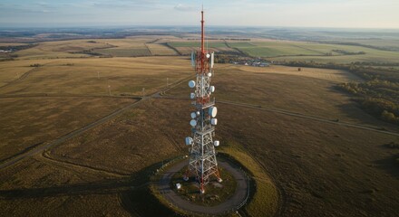 Rural Telecommunications Tower Gigapixel Aerial View - Connectivity, technology, infrastructure, communication, landscape. Symbolizing progress, communication, rural development, modern technology