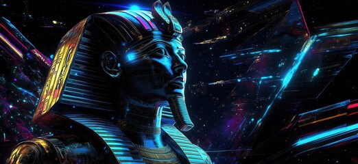 Futuristic Pharaoh Bust in Neon Colors with Cosmic Background and Vibrant Effects