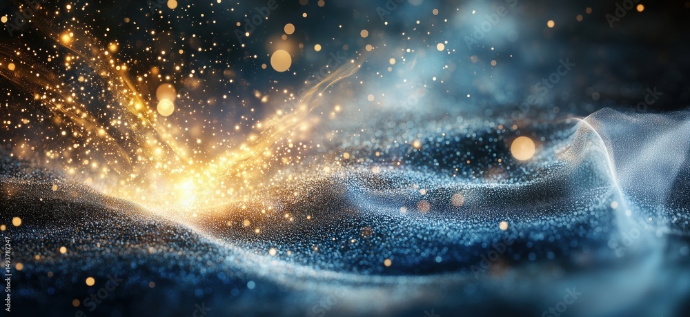 Poster abstract glowing particles creating magical effect in dark blue background
