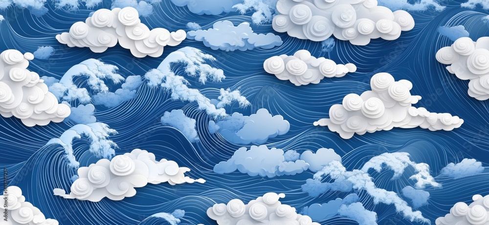 Poster stylized clouds and waves pattern in blue tones with intricate details
