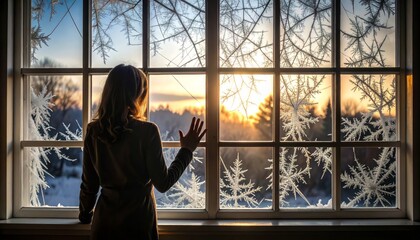 Woman looking out a winter window at sunrise with frost on the glass and snow outside.