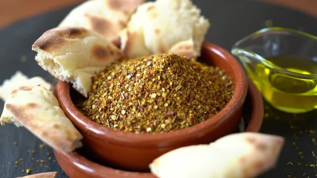 Za'atar Spice Mix With Pita Bread And Olive Oil Close-Up Still Life