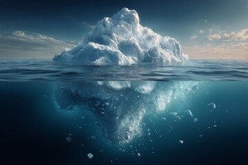 Fototapeta premium Iceberg Floating in Tranquil Ocean Waters Under Bright Sky at Dawn