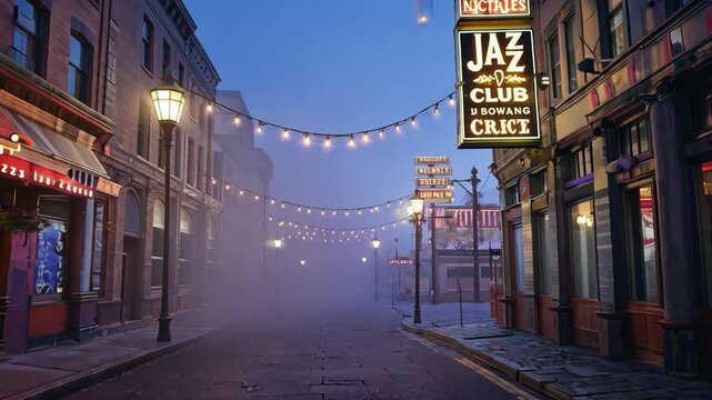 Atmospheric Evening Street Scene with Jazz Club Sign, String Lights, and Fog in a Historic City