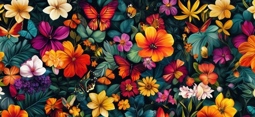 Fototapeta premium Vibrant floral pattern with colorful butterflies and diverse flowers in full bloom