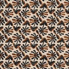 Abstract seamless pattern, botanical elements, brown and black colors on beige background