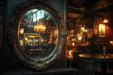 An antique mirror reflects a dimly lit, vintage bar, creating a mysterious and enchanting ambiance.