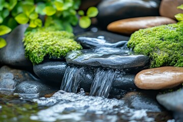 Stream of water flowing over rocks in a natural outdoor setting in a forested area