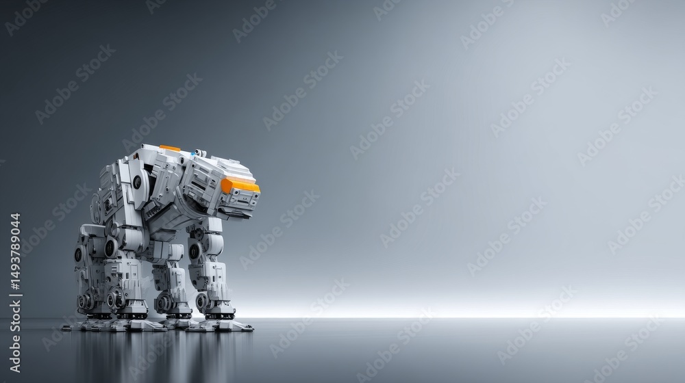 Poster a futuristic robotic creature stands in a minimalistic setting, showcasing advanced design.