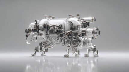 A futuristic robotic creature made of transparent materials and intricate gears.