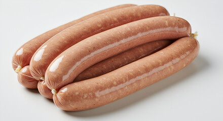 raw sausages in a bundle on clean white background, high detail, commercial product display