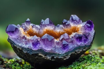 Stunning amethyst geode showcasing vibrant purple crystals in a natural setting.