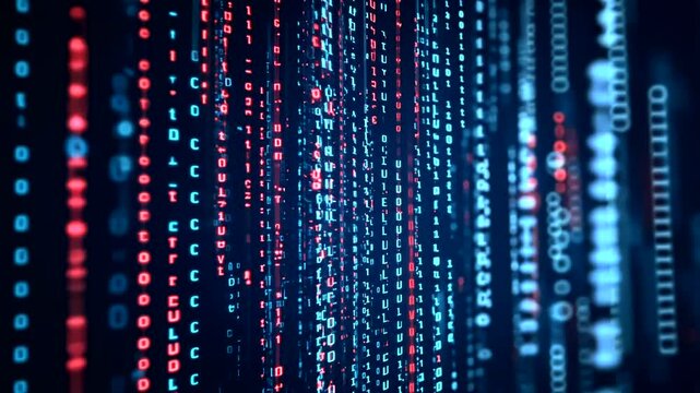 Coding rain Data streams in red & blue