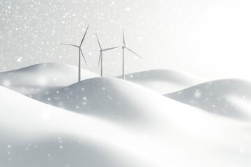 Three wind turbines stand on snow-covered hills in a winter wonderland, generating clean energy.