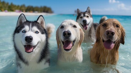 Happy dogs cooling off in crystal clear beach water on a sunny day