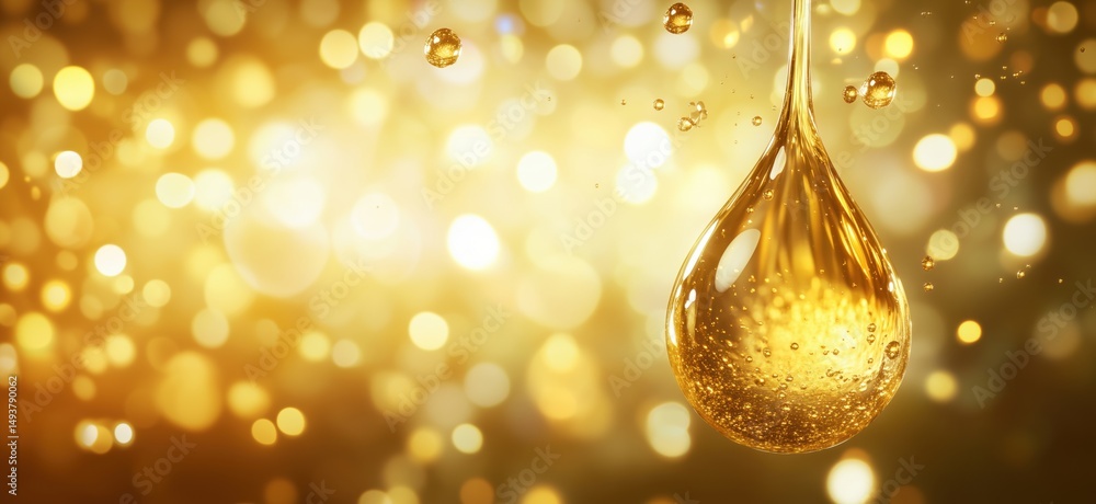 Poster golden oil drop with sparkling bokeh background creating a luxurious atmosphere