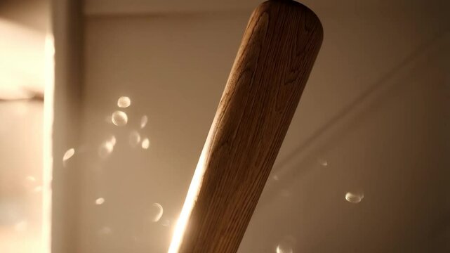 A close-up view of a wooden baseball bat leaning against a light-colored wall with bokeh, creating a warm, nostalgic ambiance.