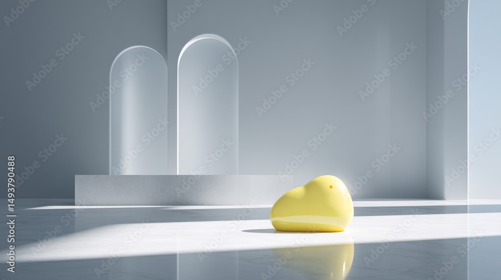 Poster a minimalist setting featuring a yellow decorative object on a bright surface.