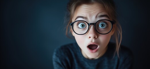 Surprised girl with glasses expressing shock and amazement in a dark background