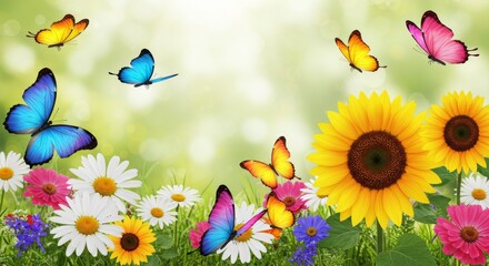 Spring Meadow Butterflies and Sunflowers - Vibrant butterflies flutter amongst colorful wildflowers and sunflowers in a sunny meadow. Perfect for spring themes